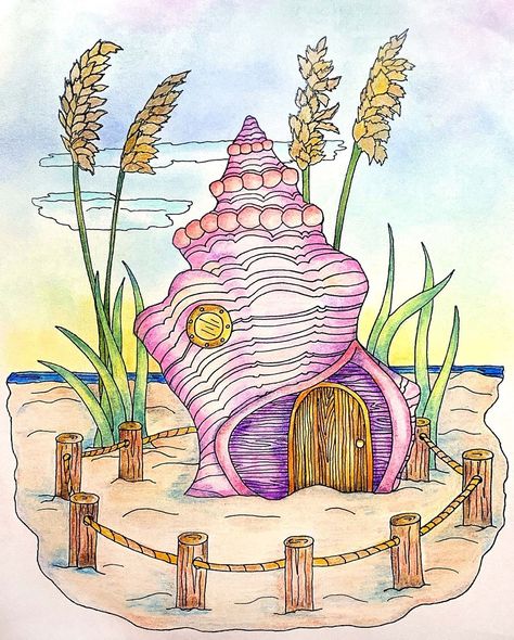 Shell House Drawing, Mermaid House Drawing, Whimsical Fairy House Drawings, Fairy Houses Drawing, Fairy Village Drawing, Storybook Drawing, Beach House Drawing, Fairy House Drawing, Fairy Garden Drawing