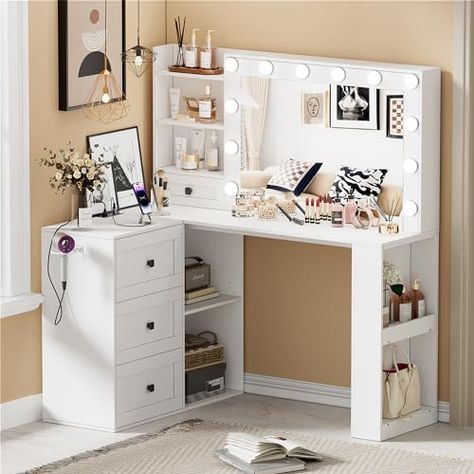 White Vanity With Lights, Desk/vanity Combo, Corner Makeup Table, Vanity Desk With Mirror, White Makeup Vanity, Desk With Mirror, Bedroom Makeup Vanity, Color Lighting, Mirrored Vanity Desk