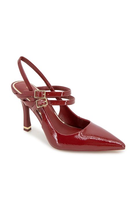 PRICES MAY VARY. Single sole pointed toe pump Sling back with buckle double strap vamp detail 3.54" heel height Red Leather Heels, Comfortable Dress Shoes For Women, Dinner Aesthetic, Comfortable Dress Shoes, Winter Footwear, 24th Birthday, Red Pumps, Birthday Dinner, Red Heels