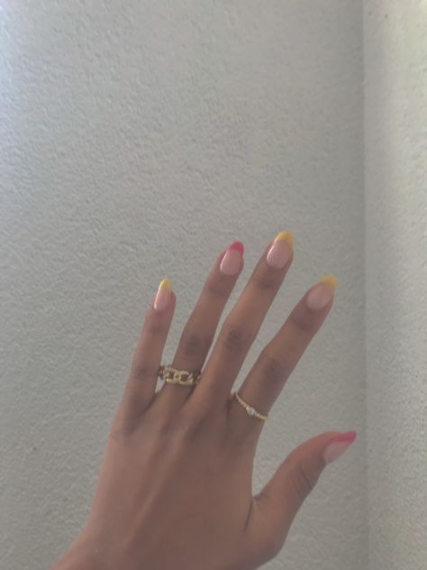 pink and yellow french nails made with gel x Summer Gel X Nails, Yellow French Nails, Pink French Tips, Gel X Nails, Yellow French, X Nails, Pink French, French Tips, Yellow And Pink