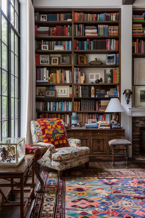 Easily make a home library that you can tucker down in with a good book using these tips and ideas. Cozy Office Library, Library In House Ideas, Cozy Home Library Ideas, Apartment Library, Library Room Decor, Modern Library Room, Chic Library, Colorful Library, Contemporary Library