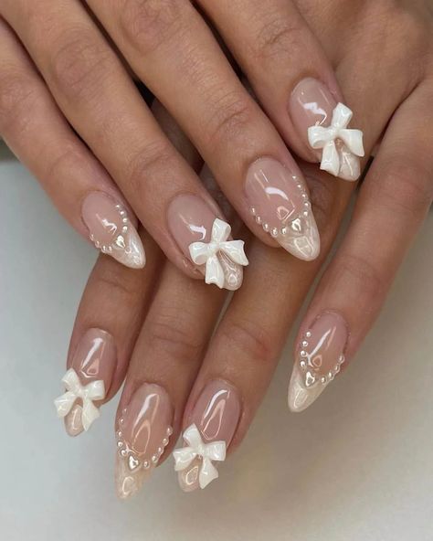 Bow Nail Designs, Bow Nails, Cute Simple Nails, Nagel Tips, Girly Acrylic Nails, Pearl Nails, Nagel Inspo, Cat Kuku, Prom Nails