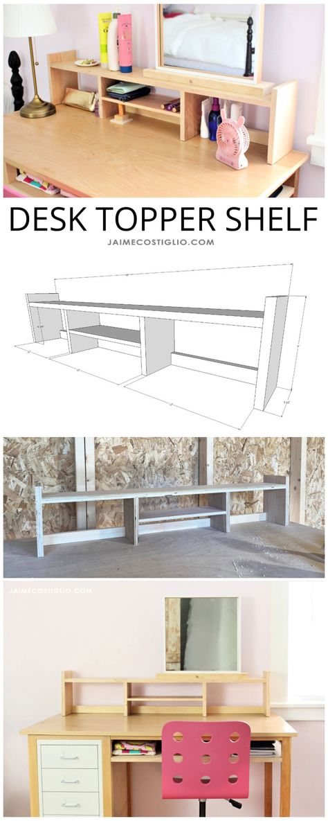 A DIY tutorial to build a simple desk topper shelf made from scrap plywood. Build this desk topper shelf for better organization and use of desk space. #diy #buildathome #scrapwoodprojects Desk Topper Shelf, Shelf Topper, Woodworking Photography, Wood And Metal Desk, Woodworking Studio, Desk Topper, Tiny Kitchens, Joinery Tools, Better Organization