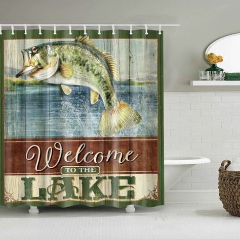 Welcome To The Lake, Rustic Shower Curtains, Curtain Art, Painted Brick Walls, Shower Curtain Art, Rustic Bath, Rustic Shower, Lake Vacation, Forest Decor