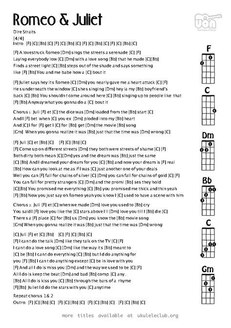 Ukulele chords - Romeo and Juliet by Dire Straits Dire Straits Lyrics, Romeo And Juliet Song, Easy Ukulele Songs, Uke Tabs, Ukulele Chords Songs, Making Movies, Ukulele Tabs, Dire Straits, Mark Knopfler