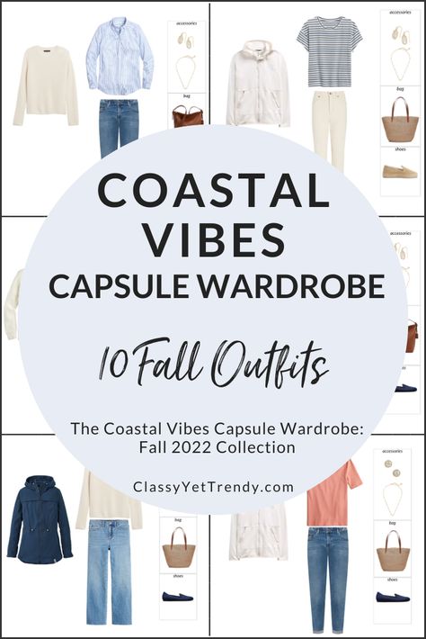 Coastal Fall Capsule Wardrobe, Coastal Grandmother Autumn, Fall Outfits For The Beach, Fall Beach Outfits Women, Winter Beach Outfits Women, Coastal Grandma Fall Fashion, Fall At The Beach Outfits, Coastal Grandmother Clothes, Coastal Grandma Capsule Wardrobe