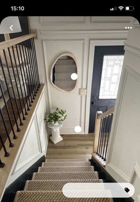 Curved Stair Landing, Split Level Entryway Flooring Ideas, Split Level Stairs Remodel Entryway, Small Front Entryway Ideas With Stairs, Replacing Pony Wall With Railing, Split Entryway Ideas, Split Level Paint Colors Interiors, Raised Ranch Foyer, Split Level Entryway Decor