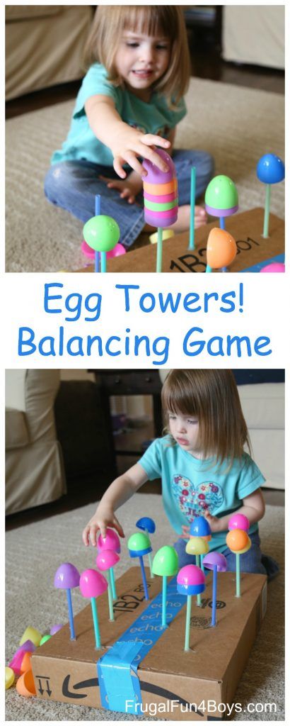 Egg Towers!  Fine Motor Balancing Game Easter Preschool, Preschool Fine Motor, Spring Preschool, Spring Activities, Easter Activities, Toddler Fun, Fine Motor Activities, Motor Activities, Preschool Fun