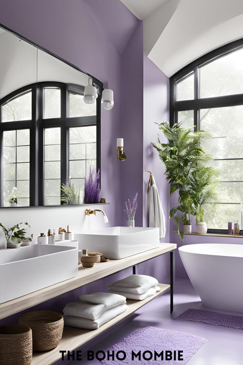 Gorgeous Lavender Bathroom, with lots of natural light, purple accent wall and modern decor! Light Purple Bathroom Walls, Purple Boho Bathroom, Light Purple Accent Wall, Amethyst Bathroom, Lilac Bathroom Ideas, Light Purple Bathroom, Bathroom Lavender, Purple Bathroom Ideas, Lilac Bathroom