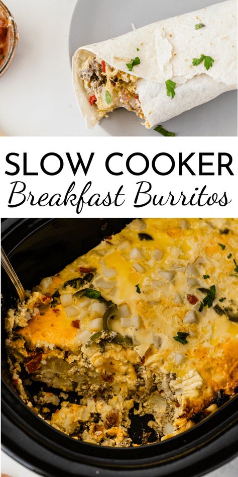 Put a few ingredients in the crock and wake up to hot and ready Slow Cooker Breakfast Burritos! Or cook on high and have breakfast for dinner. via @nmburk Savory Breakfast Crockpot Recipes, Breakfast Tailgate Food, Breakfast Burritos Easy, Breakfast Crockpot, Slow Cooker Breakfast Casserole, Breakfast Enchiladas, Breakfast Crockpot Recipes, Breakfast Burritos Recipe, Slow Cooker Breakfast