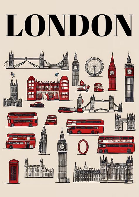 London Printable Art - London Sketch, Painting, Drawing, Maximalist Poster - London Wall Art You can instantly download this artwork and print it at home or your local print shop, it fits more than 30 frame sizes. 🖤INSTANT DIGITAL DOWNLOAD🖤 no physical product will be shipped 🖤WHAT WILL YOU GET🖤 Your purchase includes 1 PDF files.  Size Ratios: * US Poster (20 x 30 Inch / 50x76 cm) * EU Poster DIN A1 (594 x 841 mm) * 3:4 Poster (18 x 24 Inch / 45x60 cm) * 1:1 square Poster All sizes are larg London Moodboard, London Symbols, West End London, London Sketch, Maximalist Poster, England Poster, Us Poster, London Drawing, London Illustration