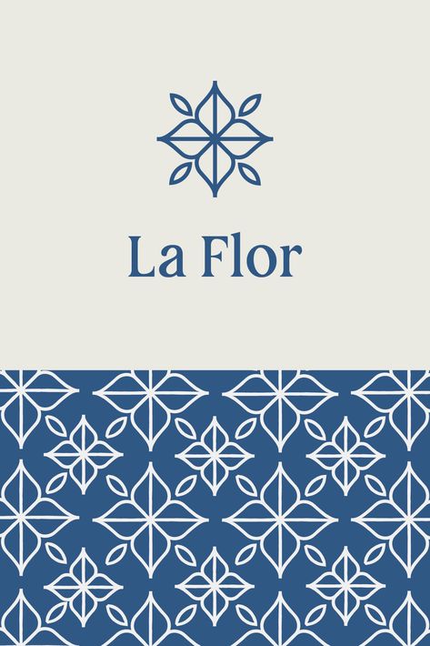 For La Flor we pulled insipirationg from spanicsh tiles. We created a geometric style flower and paired it with a classic serif font. We of couse had to use the geo metric logo to creat a tile inspired pattern. Geometric Flower Design, Tile Branding, Mosaic Branding, Flowers Branding, Geometric Branding, Pattern Logo Design, Logo Flor, Brand Pattern Design, Classic Pattern Design