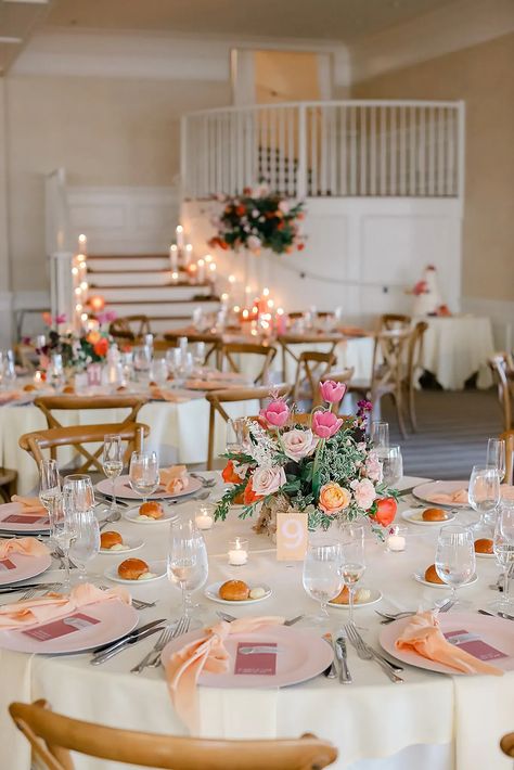 Wedding Table Inspiration Round, Floral Round Table Decor, Round Tables At Wedding Reception, Circle Table Wedding Decor Pink, Spring Table Settings Wedding, Flower Centerpieces Round Tables, Spring May Wedding, Different Color Tablecloths Wedding, Floral Dance Floor Wedding