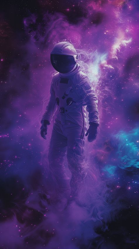 "Discover an ethereal blend of purple and space with this stunning wallpaper for iPhone 15. Featuring delicate figures in a photomontage style, this artwork by beeple and Joel Robison brings an airbrushed touch. Don't miss out on this dark and cyan masterpiece of real-life depiction. Follow for more captivating wallpapers and keep your device looking fresh! Safe, secure, and inspired." Purple Space Wallpaper, Purple Board, Purple Space, Shadow Painting, Astronaut Wallpaper, Astronaut Art, Space Wallpaper, Wallpaper For Iphone, Space Suit