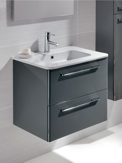 Ramia Gloss Grey 60cm Vanity Unit 2 Drawer and Basin Bathroom Basin Cabinet, Wash Basin Cabinet, Bathroom Sink Units, Bathroom Cabinets Designs, Small Bathroom Sinks, Grey Bathroom Vanity, Washbasin Design, Turkish Tiles, Basin Cabinet