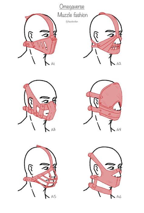 Omegaverse muzzle fashion Muzzle Reference Drawing, Muzzle Character Design, Masked Person Drawing, Muzzle Mask Drawing, How To Draw Drool, Muzzle On A Person, Muzzle References, Asylum Drawing, Masked Oc Art