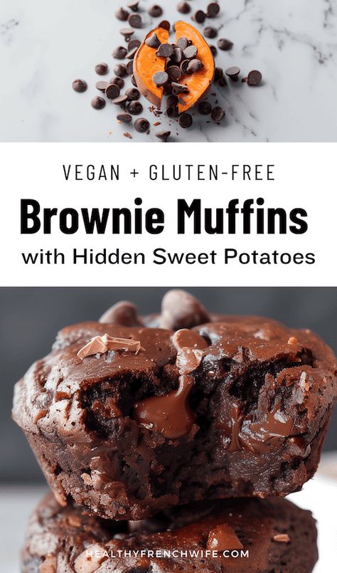 Who knew you could enjoy a chocolatey treat with hidden veggies? Our Vegan Chocolate Brownie Muffins with Hidden Sweet Potatoes are the ultimate healthy indulgence. Packed with sweet potatoes and bananas, these muffins are naturally sweet and incredibly moist. They're gluten-free and vegan, thanks to buckwheat flour, rolled oats, and a flax egg. The rich cocoa powder and chocolate chips make these muffins taste like a decadent dessert, but they're nutritious enough for breakfast. Enjoy a guilt- Buckwheat Brownies, Chocolate Sweet Potato, Vegan Gluten Free Brownies, Vegan Chocolate Brownies, Gluten Free Sweet Potato, Brownie Muffins, Peanut Butter Banana Bread, Prep Food, Vegan Pantry