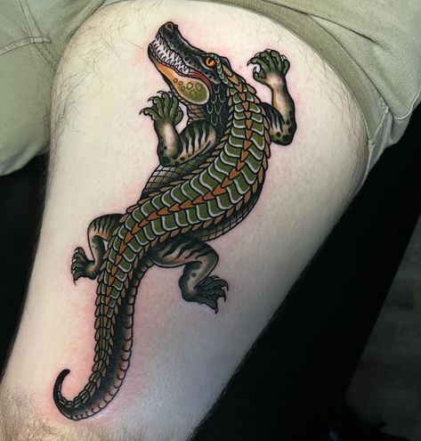 Traditional Crocodile Tattoo Design, Traditional Alligator Tattoo Flash, Old School Crocodile Tattoo, American Traditional Crocodile, Florida Alligator Tattoo, Japanese Crocodile Tattoo, American Traditional Crocodile Tattoo, American Traditional Alligator Tattoo, American Traditional Alligator