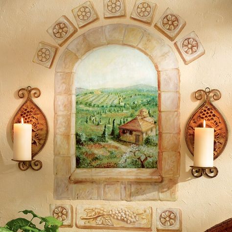 Tuscan Window Wall Decal Wine Kitchen Ideas, Tuscan Wallpaper, Tuscan Windows, Chalk Mural, Window Wall Mural, Tuscan Walls, Brick Wall Decor, Tuscan Kitchens, Variety Food