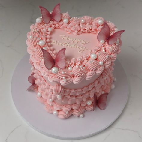 💗🦋 - Cake Details - Size: Mini 6” (two layers) Add-ons: Pearls (edible) + butterflies (edible) #custom #cakes #customcakesseattle #seattlecakes #seattle #emmacakes #emmacakesseattle #seattlebaker #seattlewedding #seattlebirthday Vintage Cake With Butterflies, 30th Heart Cake, Birthday Cakes With Butterflies, Heart Cake With Butterflies, Pink Cake With Butterflies, Butterfly Heart Cake, Aesthetic 18th Birthday Cake, Birthday Cakes Butterfly, Small Heart Cake