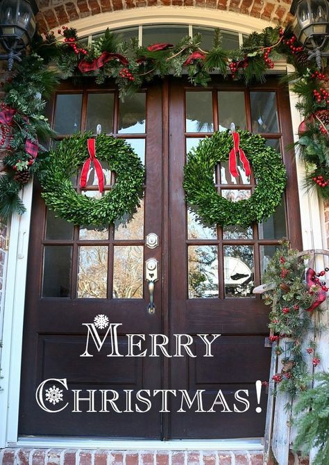 Merry and Bright Christmas Ideas  #homedecor #home #diy #Christmas Double Door Christmas Decorations, Double Door Christmas Decor, Door Christmas Decorations, Boxwood Wreaths, Preserved Boxwood, Merry And Bright Christmas, Christmas Look, Creative Diy Gifts, Family Diy