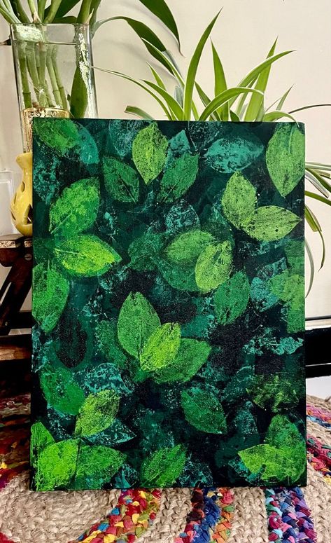 Canvas Leaf Art, Leave Painting Canvas, Leave Paintings Acrylic, Painting Leafs Acrylic, Leaf Painting On Black Canvas, Leaf Print Painting Acrylic, Painted Leaves On Canvas, Layered Leaf Painting, Leaf Art On Canvas