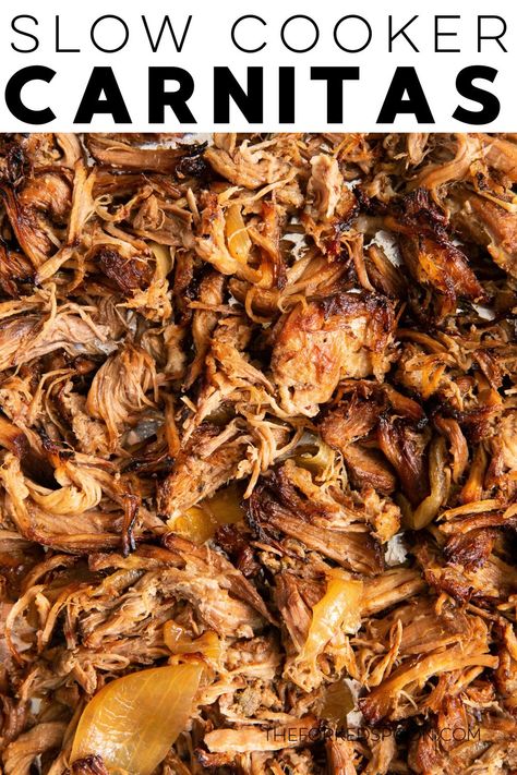 This amazing Pork Carnitas Recipe is slow-cooked until perfectly tender, juicy, and full of flavor. So easy to make, this delicious Mexican pulled pork is perfect for tacos, burritos, tostadas, and quesadillas! Spanish Pulled Pork Crock Pot Recipes, Shredded Pork Tostadas, Pork Shredded Tacos, Shredded Pork For Tacos, Pulled Pork Tostadas Recipe, Pork Tostadas Shredded, Pork Roast Pulled Pork Crockpot, Mexican Pulled Pork Slow Cooker, Pork Loin Carnitas Instant Pot