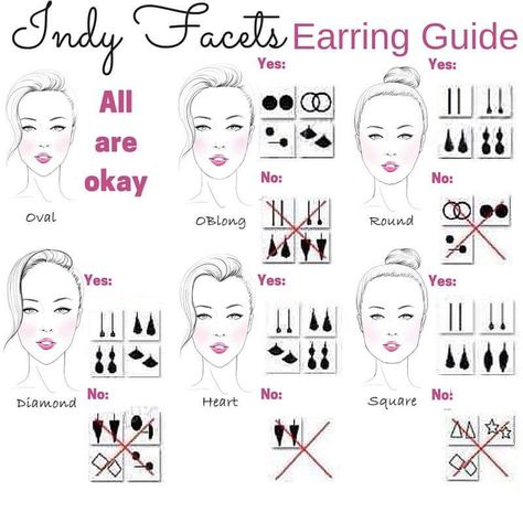 Indy Facets - Style of earrings based on  face shape Earrings For Heart Face Shape, Earrings For Heart Shaped Face, Earrings For Face Shape, Diamond Face Hairstyle, Glasses For Face Shape, Round Face Makeup, Jewelry Hacks, Diamond Face Shape, Diamond Face