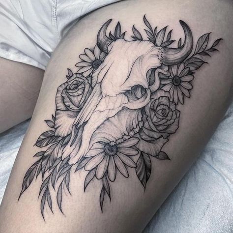 Bull Skull Tattoo, Cow Skull Tattoos, Flower Leg Tattoos, Skull Tattoo Designs, Bull Skull Tattoos, Skull Tattoo Flowers, Cow Tattoo, Cowboy Tattoos, Skull Hand Tattoo