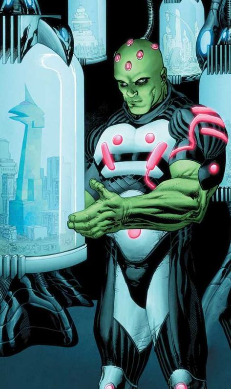 Brainiac is one of Superman's oldest and most powerful foes. A techno-organic being with a twelfth-level intellect and hyper-advanced technology, he travels the multiverse seeking civilizations to shrink and abduct, which he then adds to his collection of captured worlds. He has been responsible for the extinction of countless cultures and the deaths of untold billions. Art Dc Comics, General Zod, Comic Book Villains, Comics Anime, Comic Villains, Dc Villains, Arte Dc Comics, Dc Comics Characters, Dc Comic