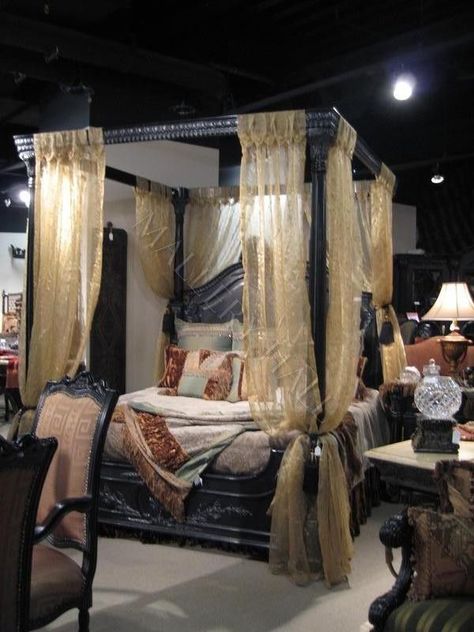 Black Canopy Beds, Egyptian Bedroom, King Size Canopy Bed, Black Canopy Bed, Canopy Bedroom Sets, Egyptian Home Decor, Canopy Bed Curtains, Canopy Beds, Canopy Bedroom