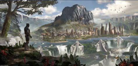 Wakanda City, Floating Boat, Concept Background, Fantasy City, Background Art, Realistic Paintings, Game Concept, Matte Painting, Fantasy Landscape