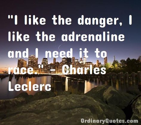 I like the danger, I like the adrenaline and I need it to race. Charles Leclerc | Check out other quotes: https://ordinaryquotes.com/pictures-quotes/best-charles-leclerc-quotes/ Daniela Bobadilla, I Want To Live, Live My Life, Ordinary Quotes, Experience Life, Pictures Quotes, Charles Leclerc, Racing Driver, Race Day