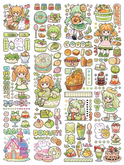 Kawaii Stickers Printable Scrapbooking, Cute Stickers Printable Kawaii Stamps, Aesthetic Printable Stickers, Vintage Aesthetic Stickers Printables, Printable Wall Collage, Whimsical Art Journal, Washi Stickers, Bullet Journal Mood Tracker Ideas, Green Sticker