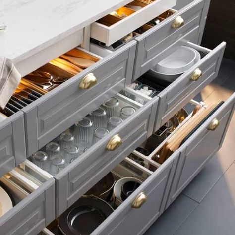 Storage Solutions That Fit Your IKEA Kitchen and Budget - Part 1 Ikea Kitchen Drawer Organization, Ikea Kitchen Drawers, Clean Kitchen Design, Ikea Kitchen Storage, Armoire Ikea, Sofa Bed Furniture, Ikea Kitchen Design, Kitchen Cabinet Drawers, Kitchen Drawer Organization