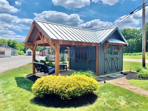 Shed With Gazebo Attached, Out Buildings Ideas, Pavillion Shed Combo, Lake Pavilion Ideas, Shed Pavilion, A Frame Garden Shed, Shed Gazebo Combination, Well House Ideas Buildings, Backyard Pavilion With Storage