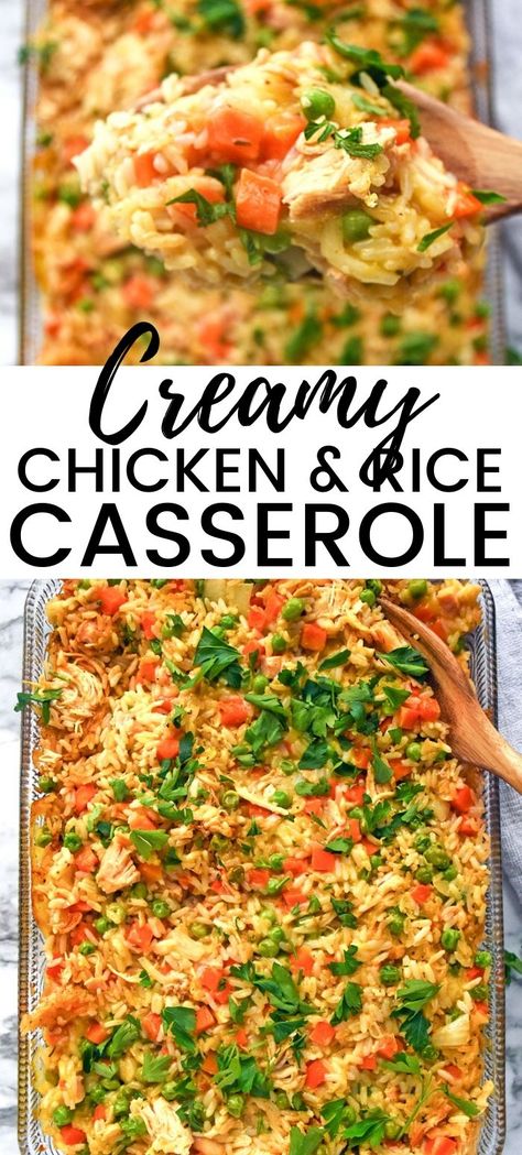 Creamy chicken and rice casserole is an easy and delicious family dinner recipe made with uncooked long grain rice, shredded chicken, frozen peas and carrots, cream of chicken soup, chicken broth, and seasonings. #ChickenCasserole #ChickenAndRice #CasseroleRecipes #EasyDinner #easydinnerrecipes #ChickenBreast #CreamyChicken #EasyCasserole Creamy Chicken And Rice Casserole, Chicken Rice And Peas, Casseroles Chicken, Frozen Peas And Carrots, Chicken And Rice Casserole Recipe, Chicken Rice Bake, Best Chicken Casserole, Casseroles Recipes, Easy Casseroles