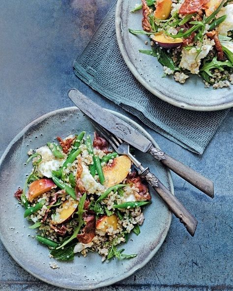 Parma ham, mozzarella and peach salad with buckwheat and quinoa recipe | delicious. magazine Filling Salad Recipes, Christmas Salad Recipes, Breakfast Inspiration, Lemon Green Beans, Peach Recipes, Ham Salad, Light Meals, Parma Ham, Peach Salad