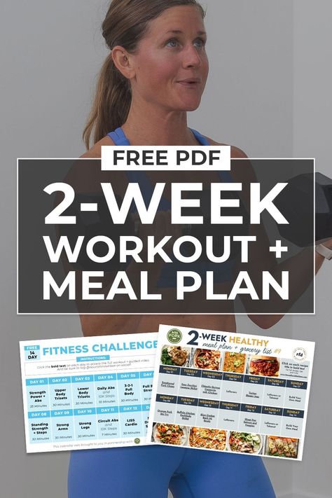 Build muscle and fuel your body with easy, healthy recipes with this free 2-week workout plan and meal plan. This is a comprehensive workout routine, hitting all the major muscle groups in around 30 minutes a day. Bonus: this 14-day challenge also includes a free healthy meal plan full of quick and easy family-friendly meals. Four Day A Week Workout Plan, 8 Week Challenge Meal Plan, Workout Schedule 4 Days A Week, 4 Week Shred Meal Plan, Free Healthy Meal Plans, Monday-friday Workout Plan, Workout Plan At Home, 2 Week Workout Plan, Workout And Meal Plan