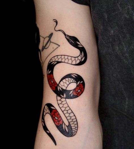 Peony flower black and red snake tattoo Black And Red Snake Tattoo, Red Snake Tattoo, Rattlesnake Tattoo, Black Snake Tattoo, Trash Polka Tattoos, Traditional Snake Tattoo, Trash Polka Tattoo Designs, Traditional Black Tattoo, Polka Tattoo