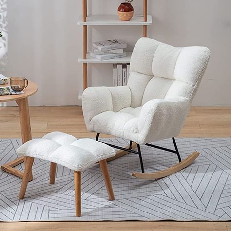 Mbbpftse Rocking Nursing Chairs with Stool -Mid Century Teddy Fabric Tufted Rocking Chair Padded Seat, Leisure Relax Chair for Living Room Bedroom Office Nursery (White) Bedroom Rocking Chair, Tufted Rocking Chair, Architectural Perspective, Rocking Chair Outdoor, Rocking Chair Pads, Baby Number 3, Armchair Bedroom, Upholstered Rocking Chairs, Sitting Chair