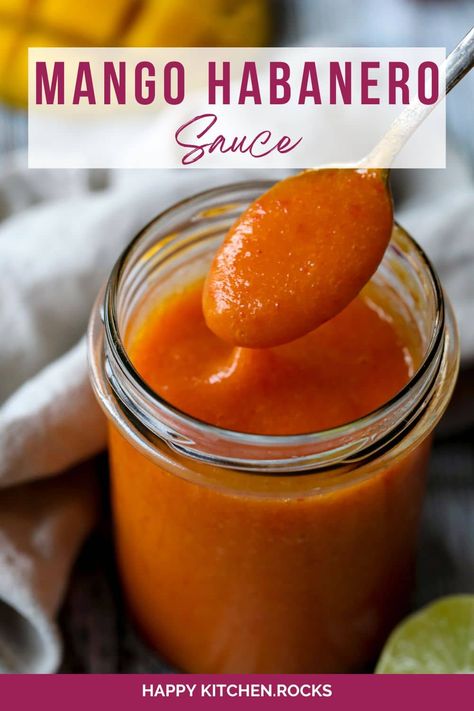 A sweet and spicy Mango Habanero Sauce adds flavorful kick to dishes, ideal for dipping, marinating, or drizzling over your favorite meals. | happykitchen.rocks Mango Habanero Hot Sauce, Diy Hot Sauce, Habanero Sauce Recipe, Habanero Recipes, Mango Habanero Sauce, Turkey Gravy Recipe, Habanero Sauce, Habanero Hot Sauce, Mango Sauce