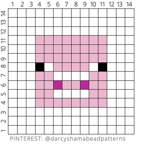 Minecraft Pig Pattern 14x14 #pig #minecraft #hamabeads #hamabeadpattern #perler #perlerbeads #pyssla #pixel #pixelart #pattern #crossstitch #fusebeads Pixel Art Easy, Painting Minecraft, Minecraft Pattern, Minecraft Pig, Pig Pattern, Melty Bead Patterns, Graph Crochet, Easy Pixel Art, Pixel Art Templates