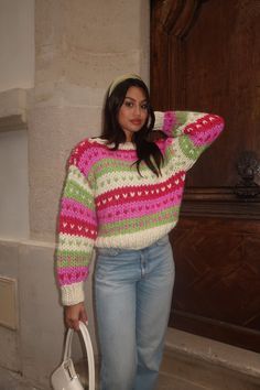 Knitwear Inspiration, Cozy Texture, Jumper Outfit, Green Cream, Chunky Knits Sweater, Soft Hand, Knit Jumper, Striped Knit, Fair Isle