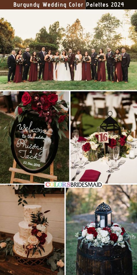 8 Selected Burgundy Wedding Color Combos for 2024 - ColorsBridesmaid Black Green Burgundy Wedding, Black And Burgundy Wedding Party, Black And Burgundy Wedding Dress, Wine And Black Wedding, Burgundy Black And White Wedding, Burgundy Black And Gold Wedding, Dark Red Wedding Theme, Black And Maroon Wedding, Burgundy And Black Wedding