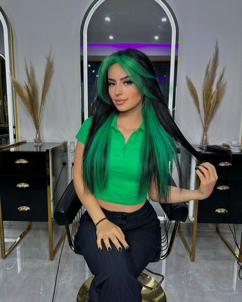 Black With Green Hair, Black Hair Green Money Piece, Green Underdye Hair, Black Hair With Green Highlights, Green Money Piece, Green And Red Hair, Black Green Hair, Green Hair Dye Ideas, Green Black Hair