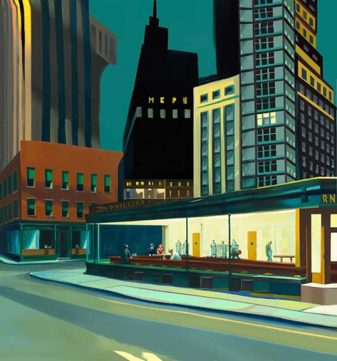 Edward Hopper Nighthawks, Nighthawks Aesthetic, Nighthawks Wallpaper, Edward Hopper Wallpaper, Nighthawks Painting, Nighthawks Edward Hopper, Hooper Art, Edward Hopper Paintings, Art Deco City