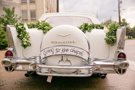 awesome Wedding Getaway Car, Going To The Chapel, Wedding Getaway, Car Banner, Vintage Chevy, Southern Wedding Inspiration, Cypress Grove, Wedding Transportation, Wedding Cars