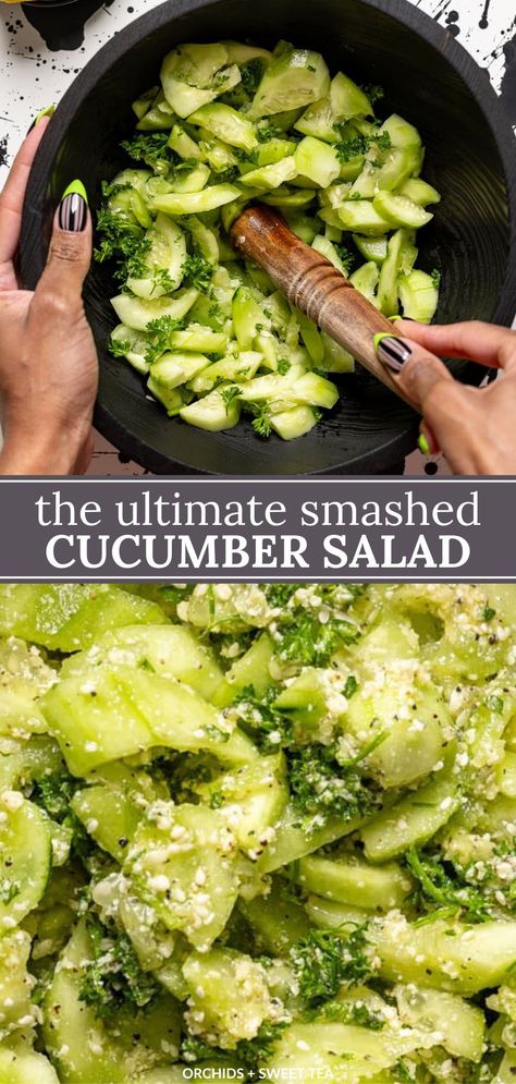 The Ultimate Smashed Cucumber Salad recipe---- It's all in the name! Fresh, crunchy cucumbers meet a drizzle of olive oil, a sprinkle of Parmesan, a squeeze of lemon, and a medley of seasonings and fresh herbs in this spring + summer favorite. It's the perfect side dish to elevate any meal with its vibrant flavors and refreshing crunch. Vegan + Dairy-free Option. | how to make cucumber salad | homemade cucumber salad | cucumber salad recipes easy | cucumer salad recipes healthy | summer salads Smash Cucumber Salad, Crushed Cucumber Salad, Cucumber Salad Recipes, Salad Recipes Easy, Salad Recipes Healthy, Smashed Cucumber, Smashed Cucumber Salad, Salad Homemade, Gluten Free Recipes Side Dishes