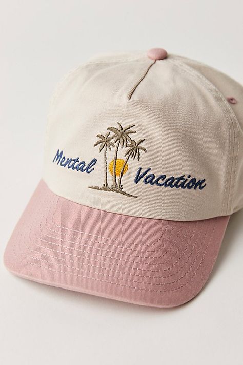 Just as versatile as it is vintage-inspired, this so cool baseball cap is featured in a staple six-panel style with vacation-inspired embroidery at front and contrast piecing throughout for added dimension. **Features:** Staple silhouette, adjustable back detail, soft cotton fabrication **Why We ❤ It:** Sure to be a staple in your warm-weather accessories collection for countless years to come. | Mental Vacation Cap by FP Movement at Free People, Rose Cool Baseball Caps, Accessories Collection, Fp Movement, Cap Design, Boho Outfits, Warm Weather, Baseball Cap, Vintage Inspired, Free People